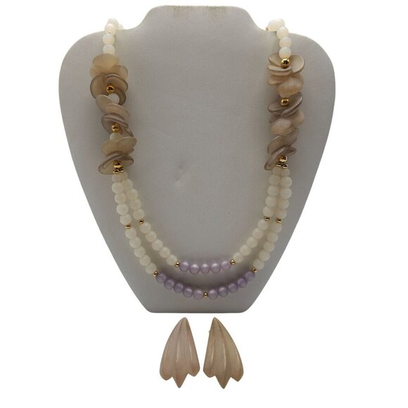 Vintage Napier Strand Beige Purple Frosted Beaded Necklace Clip Earrings Set - Picture 1 of 10